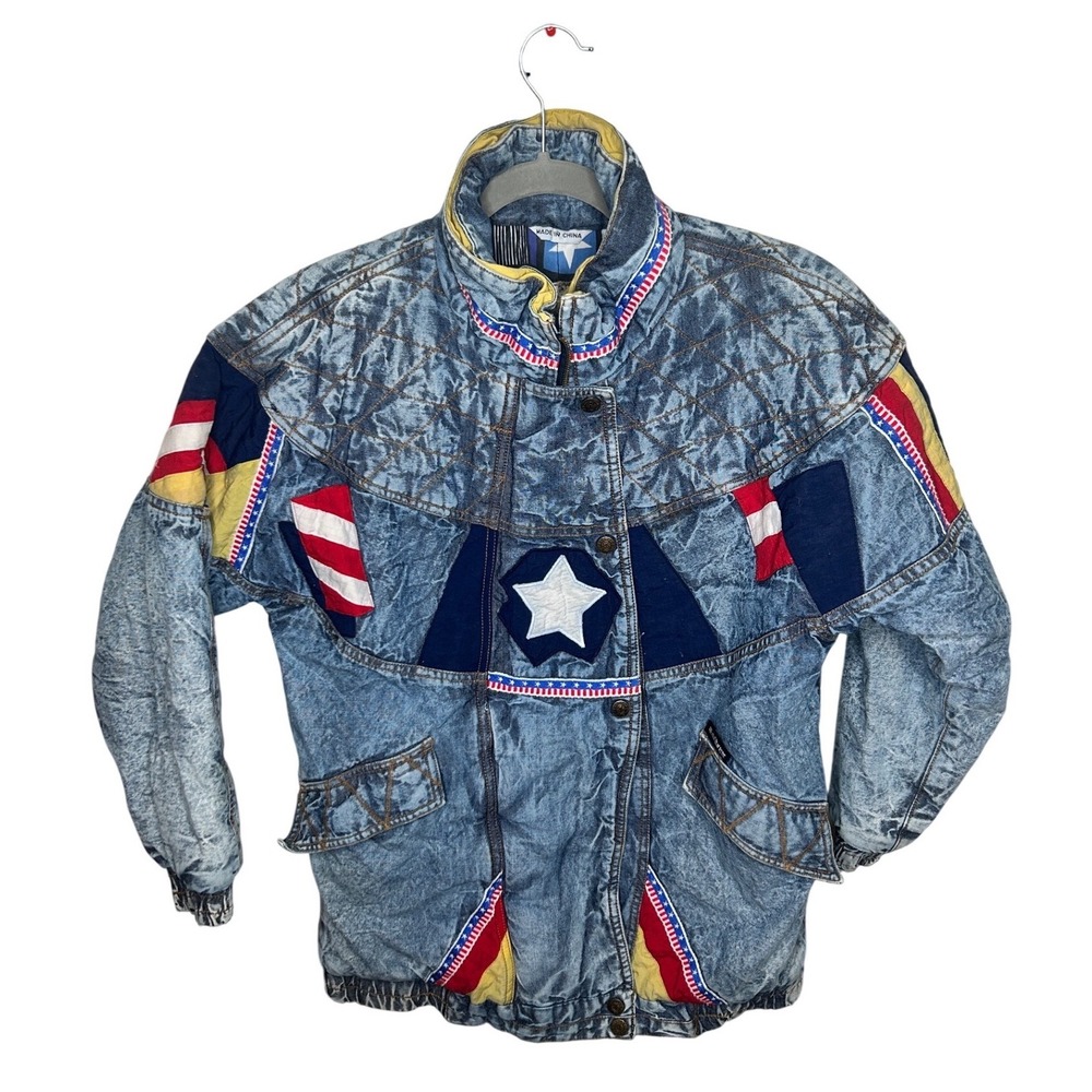 Braetan‎ Acid Wash Denim Kids Patriotic American flag vintage puffer jacket coat